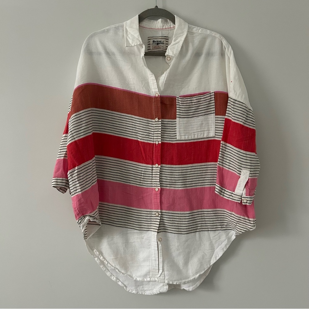 Anthro Holding Horses Cotton Button Down Oversized Striped Top White Pink XS/S
